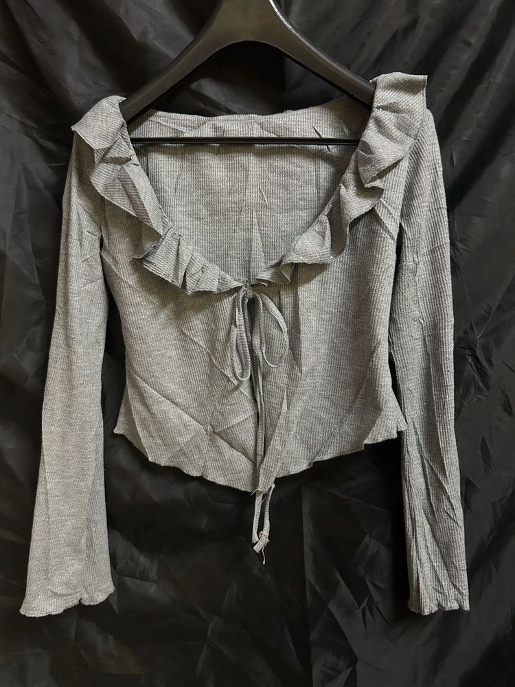 Gray Ruffle Tie-Front Top