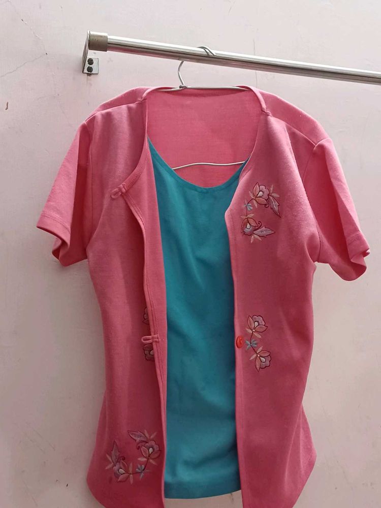 Pink Embroidered Cardigan &amp; Top Set