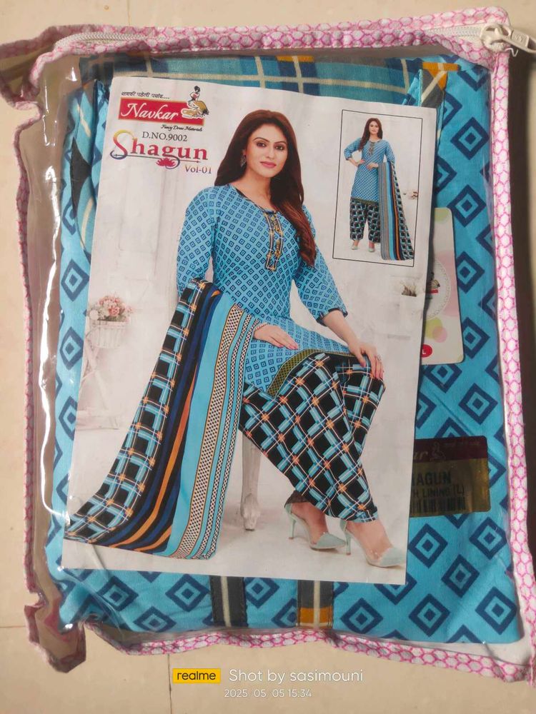 Cyan Colour Kurthi Set Cotton Mixed
