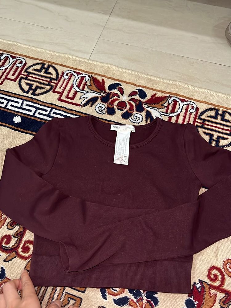 Pull And Bear Women Burgundy Crop Top