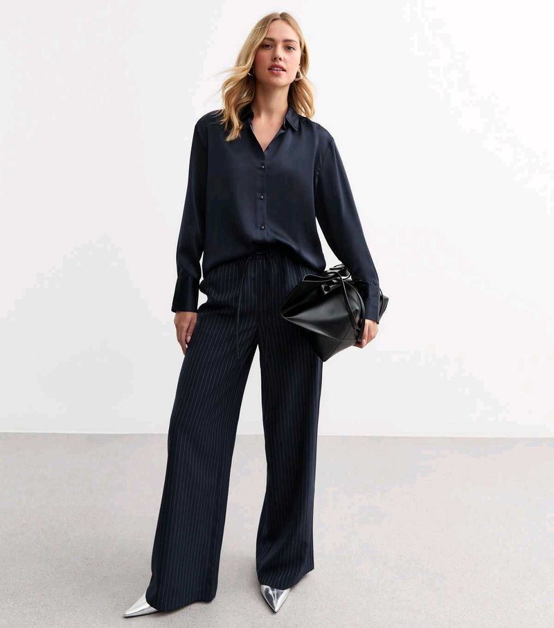Navy Long Black Satin Shirt
