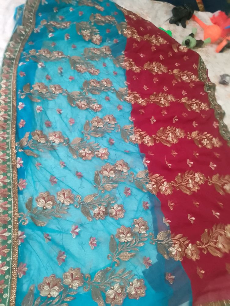 Red And Cyan Saree
