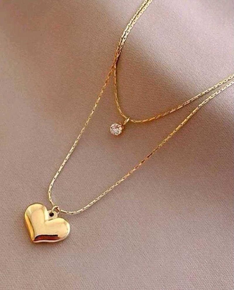 solitaire &amp; Heart Layered Necklace anti tarnish