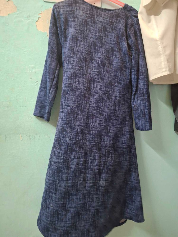 Patterned Blue Short  Dress With Frill