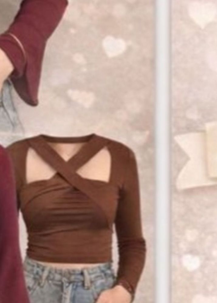 Stylish Brown Cutout Long Sleeve Top