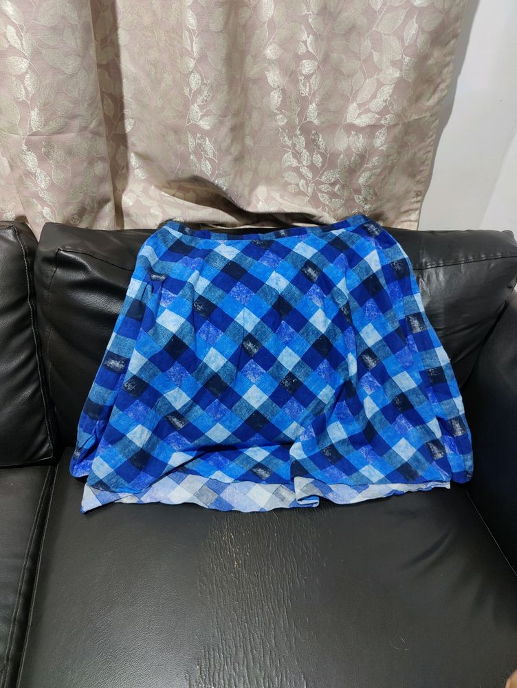 Blue Cotton Skirt With Checks