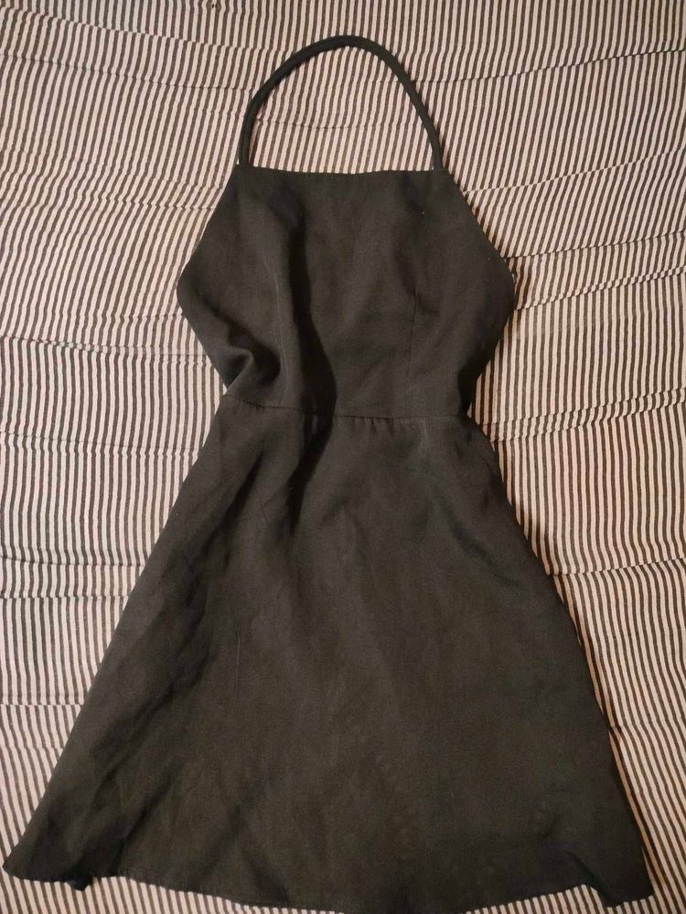BLACK HALTER NECK MINI DRESS