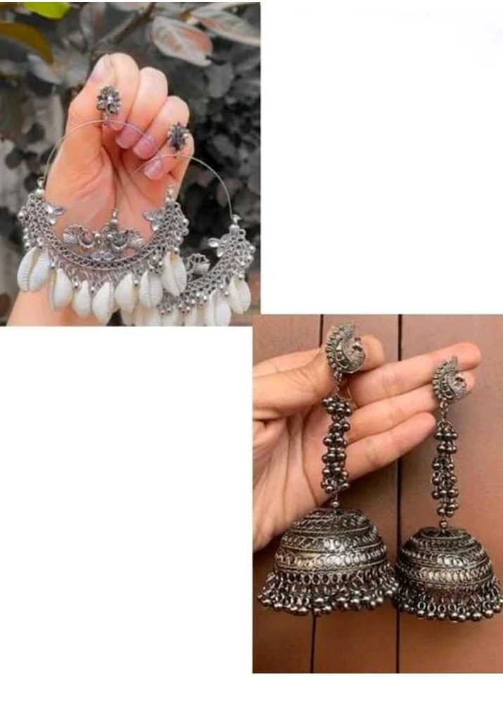 Boho Chic Silver Jhumka Earring Set