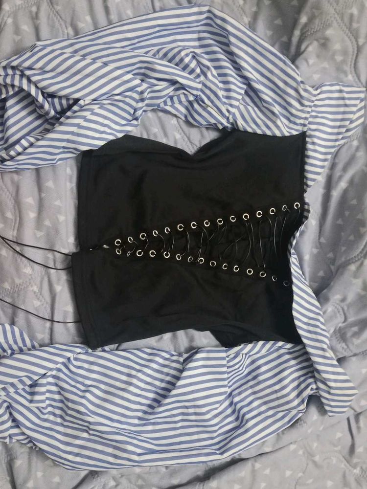 Lace-Up Corset Top with Striped Shirt