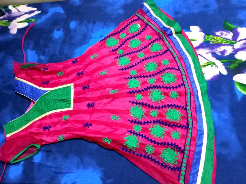 Pink &amp; Green Embroidered Kurta for girls