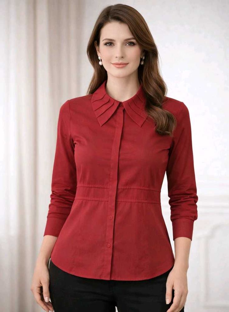 Orsay Wine Red Pleated Collar Top with Front Seam✨