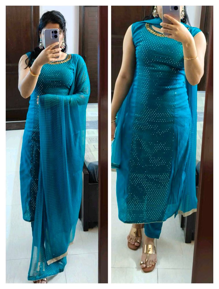 Women Teal Blue Sequence Chanderi Cotton Suit Set