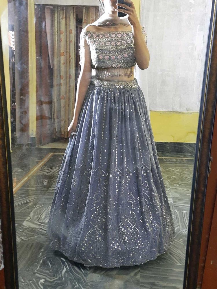 Off Shoulder Back Less Lehenga