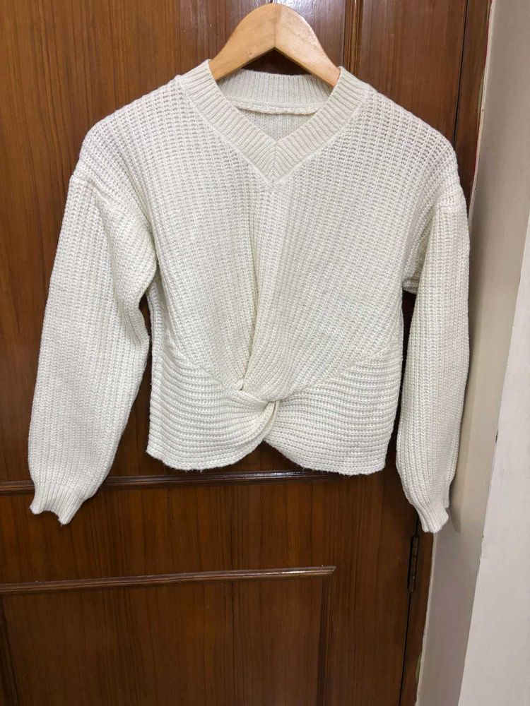 White Knit Front Twist  Sweater