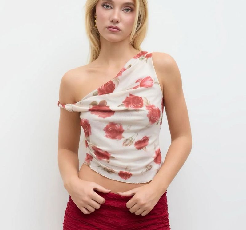 Floral Mesh One-Shoulder Top