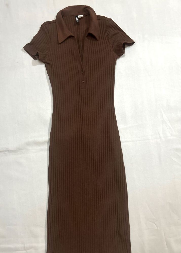 H&amp;M Brown Ribbed Polo Dress