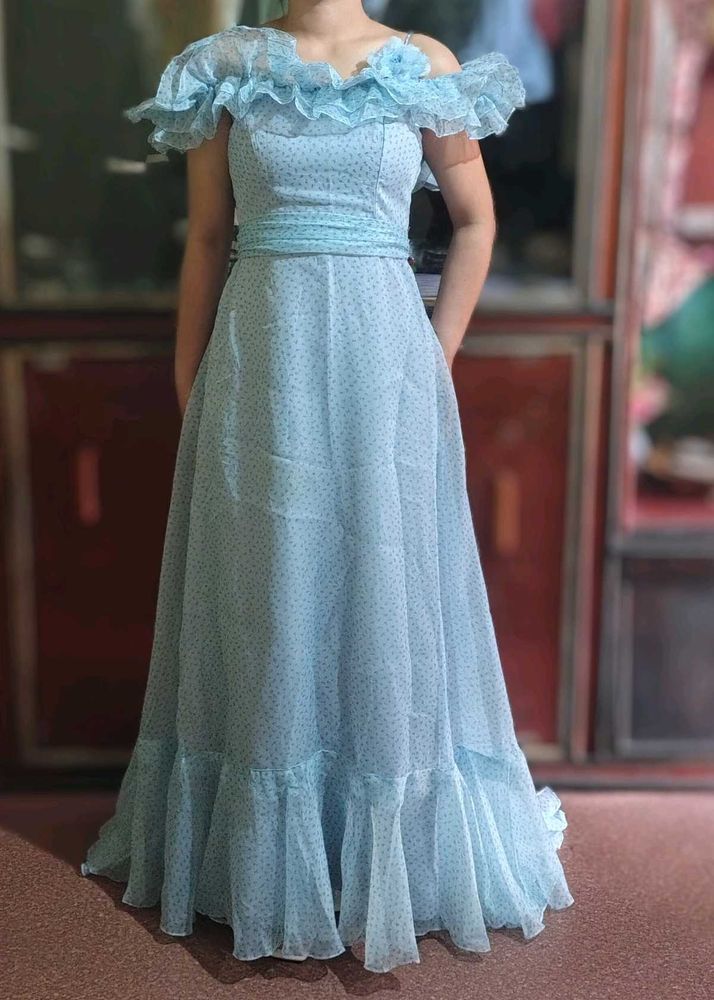 sky blue organza ruffle maxi dress