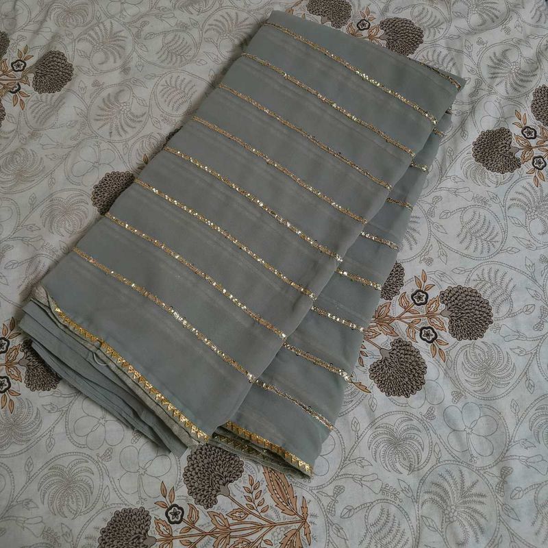 Grey &amp; Gold Striped Saree With Blouse Piece