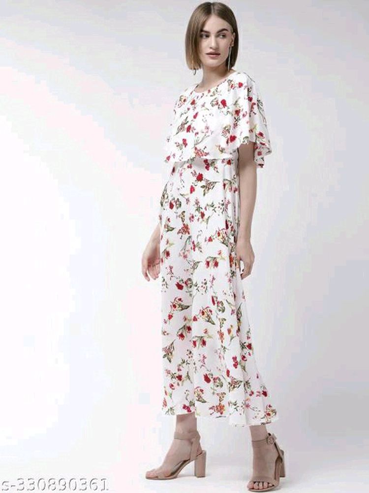 Women White &amp; Red Floral Print Flared Maxi DressNa