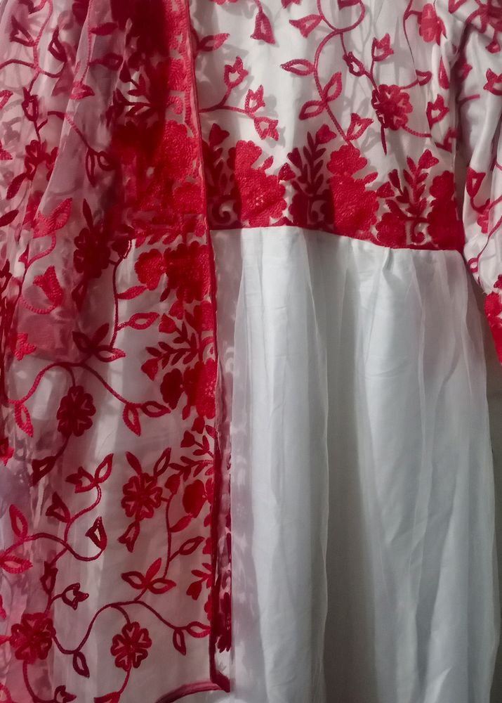 Net Gown With Red Embroidery + Dupata
