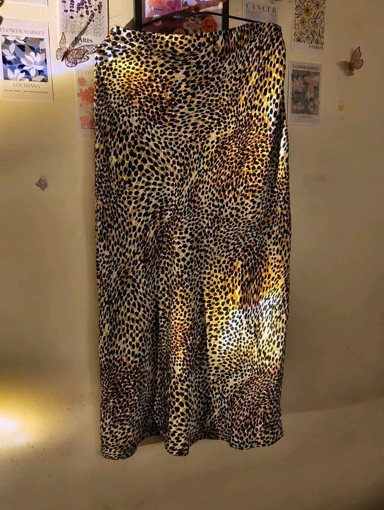 Flowy Satin Animal Print Skirt