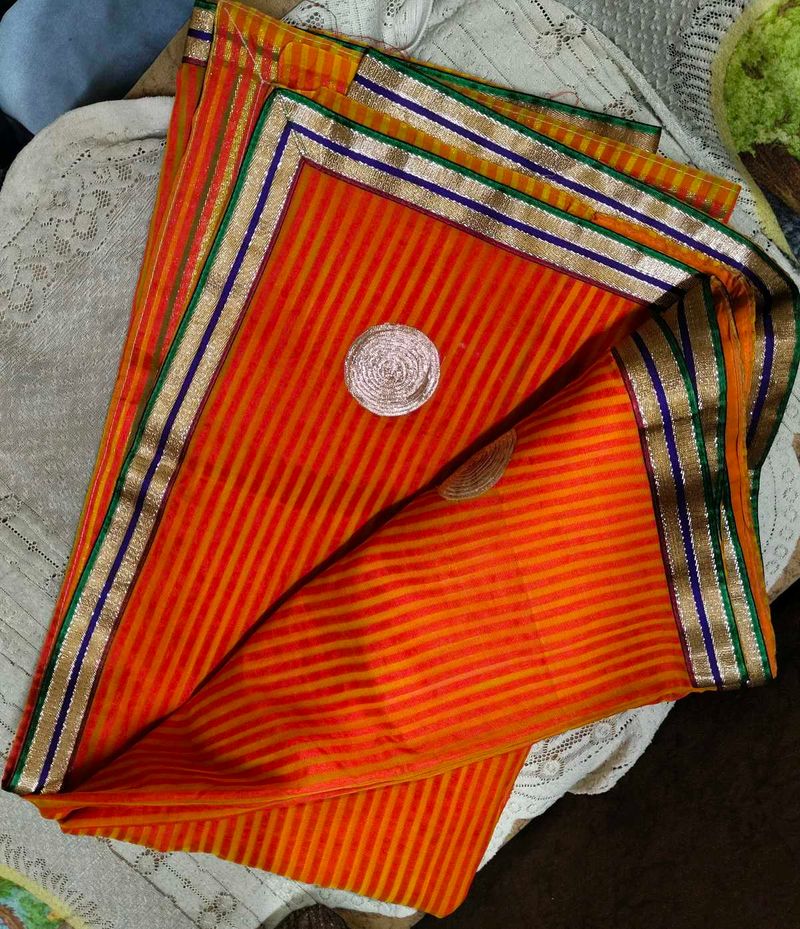Orange Striped Saree With Gota