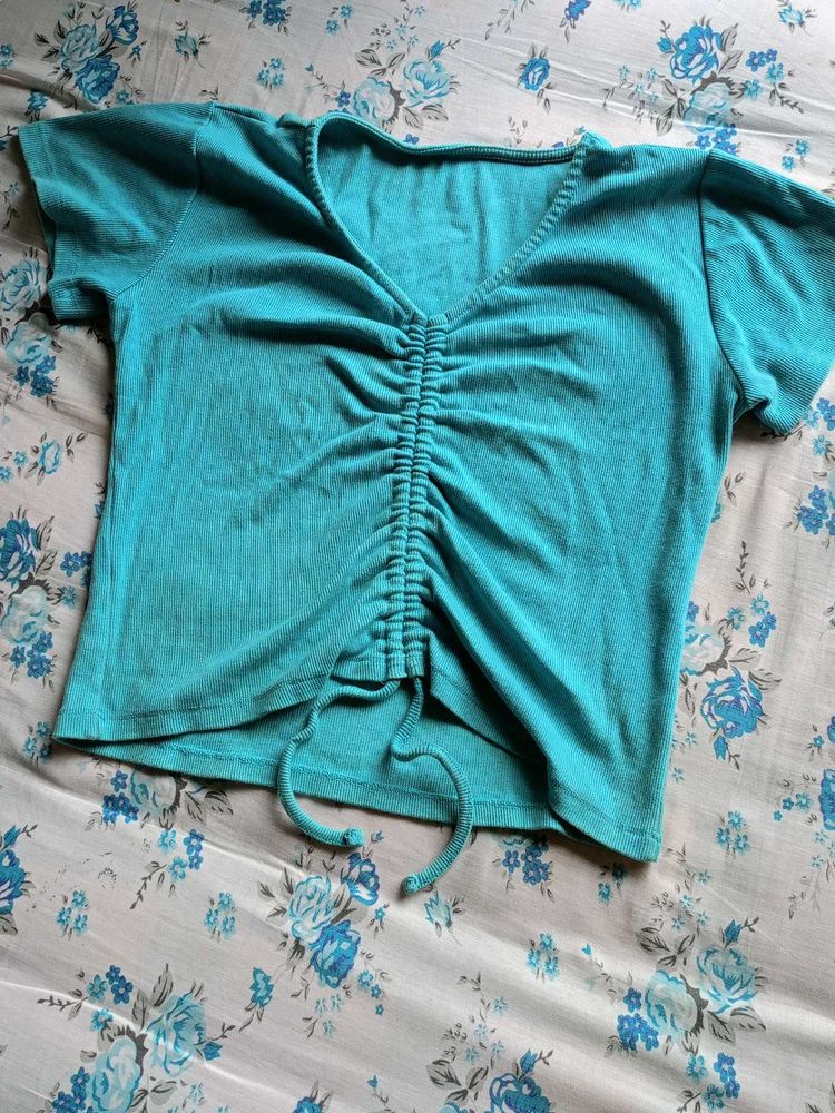 Teal Ruched Front Crop Top with Adjustable Tie