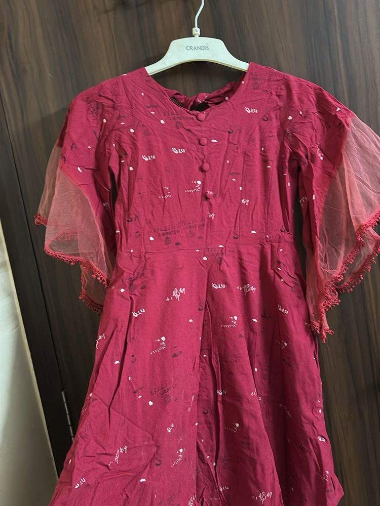 Maroon Dress with Sheer Sleeves
