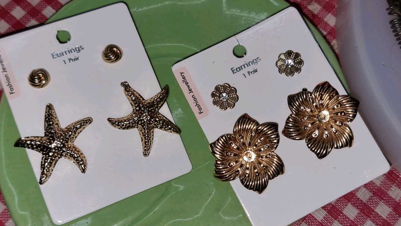 Earring Set: Gold Starfish &amp; Flowers