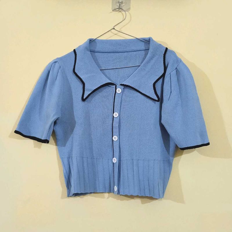 Korean Blue Cropped Cardigan Top