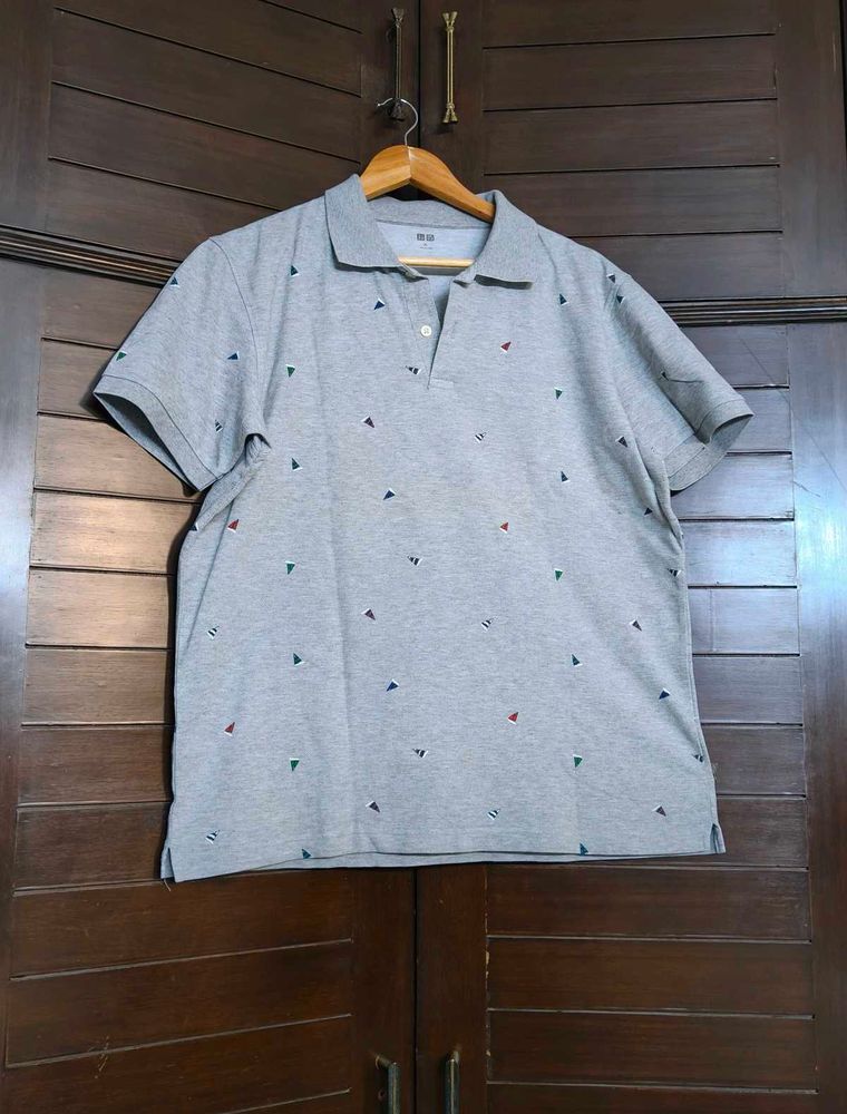 Uniqlo Men Cotton Mix Grey Printed Polo Tshirt