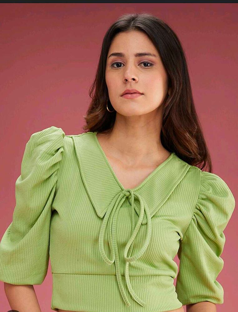 Green Ribbed Puff Sleeve Tie Top