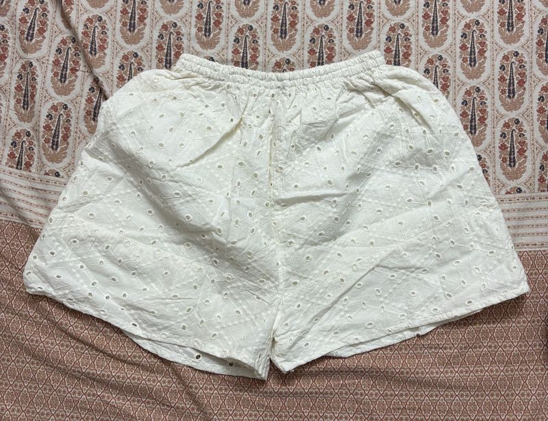 Schiffli White Cotton Shorts