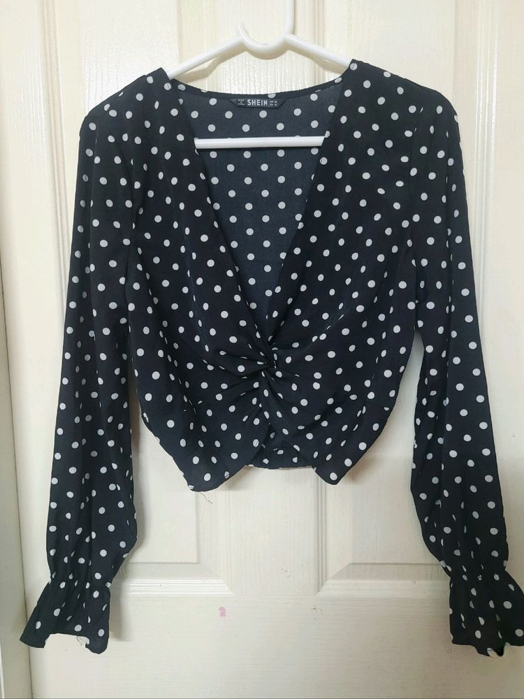 Black Polka Dot Party Crop Top With Front Knot