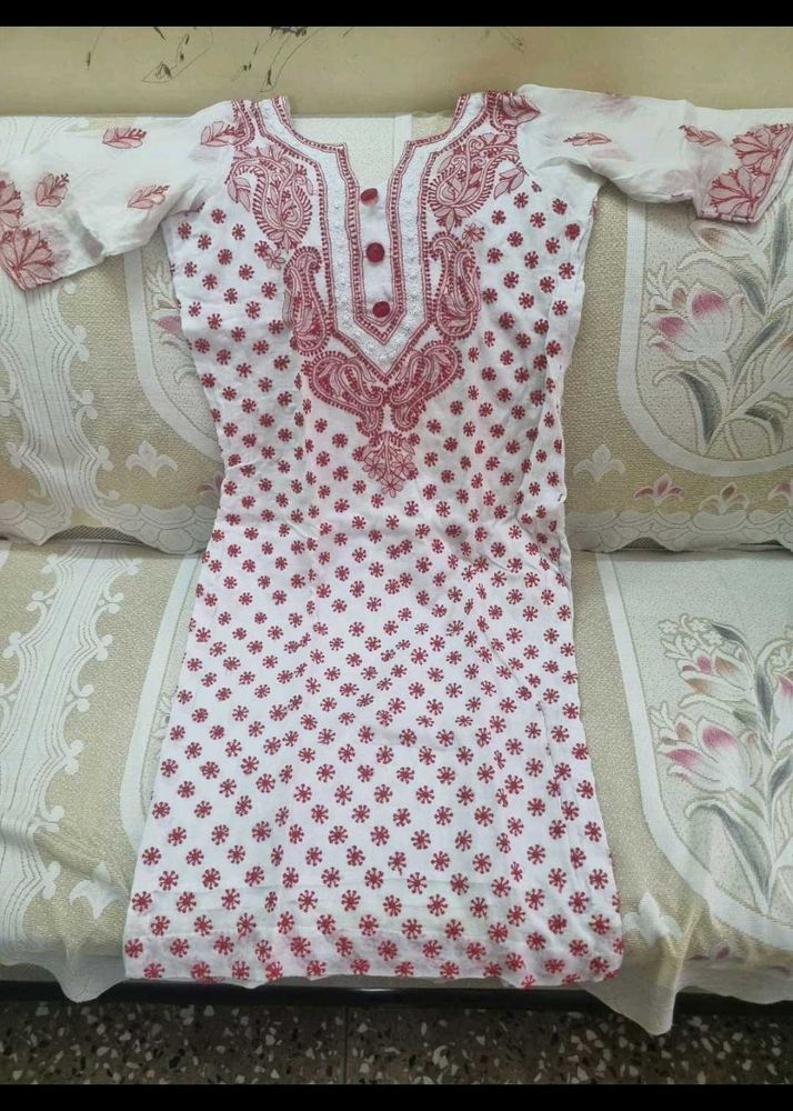 White &amp; red Chikankari Work Kurti