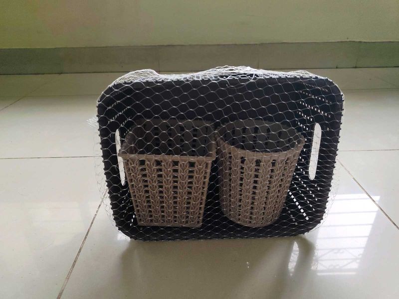 New Set Of Three Plastic Baskets Brown Beige