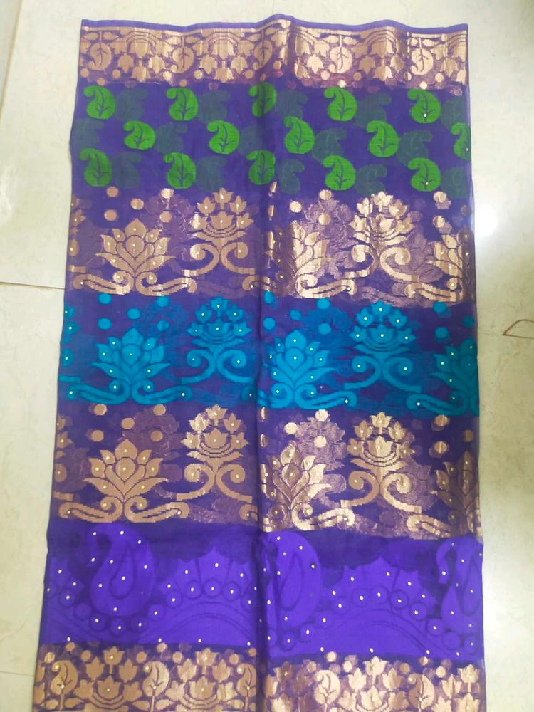 Royal blue With Cyan And Green Woven Saree