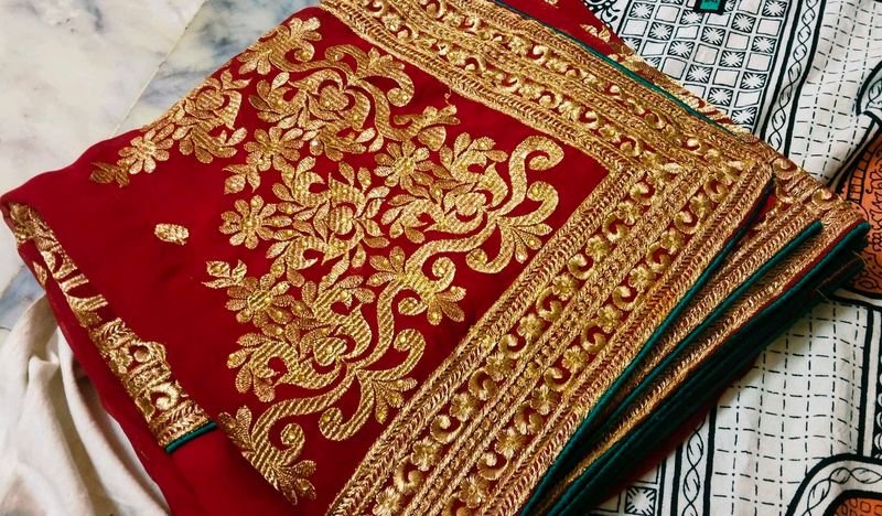 Red &amp; Gold Embroidered Saree