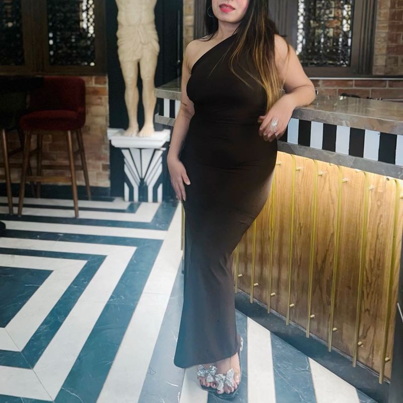 Brown Bodycon On Shoulder Slit Maxi Dress