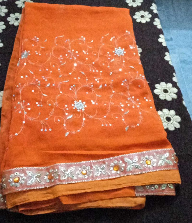 Orange Sari with Floral Embroidery