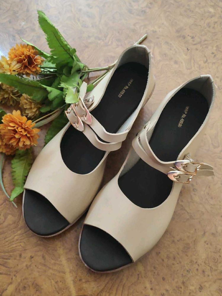 Beige Peep-Toe Wedge Sandals