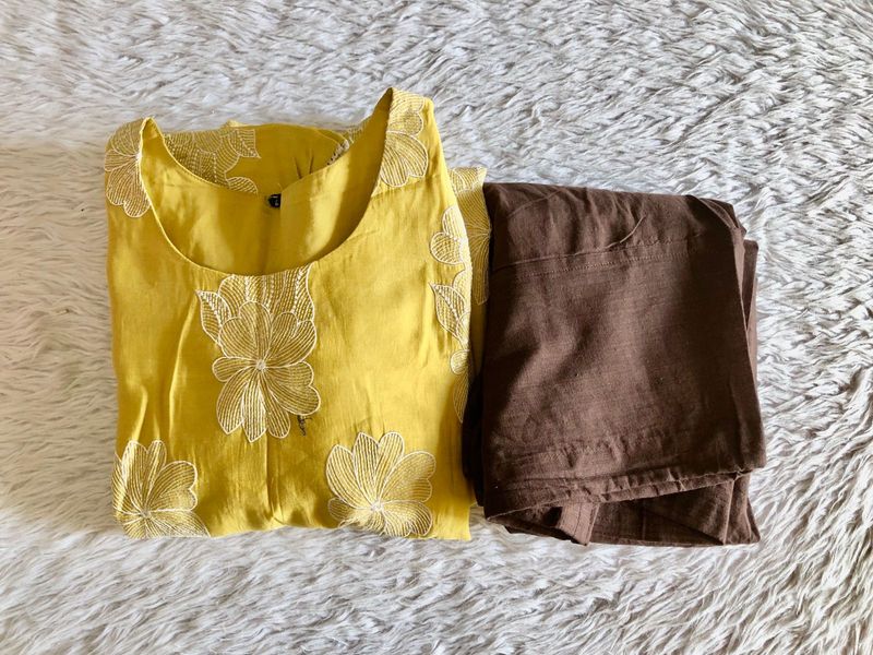 Mustard Yellow Emboridered Kurta Set (Women’s)