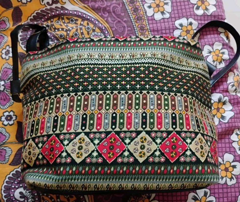 Multicolored Printed Black Faux Leather Sling Bag