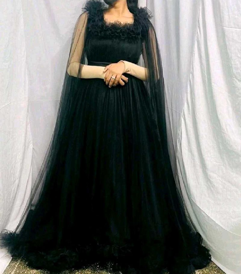 Elegant Black Gown with Cape