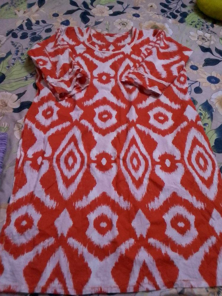 Orange White Print Dress