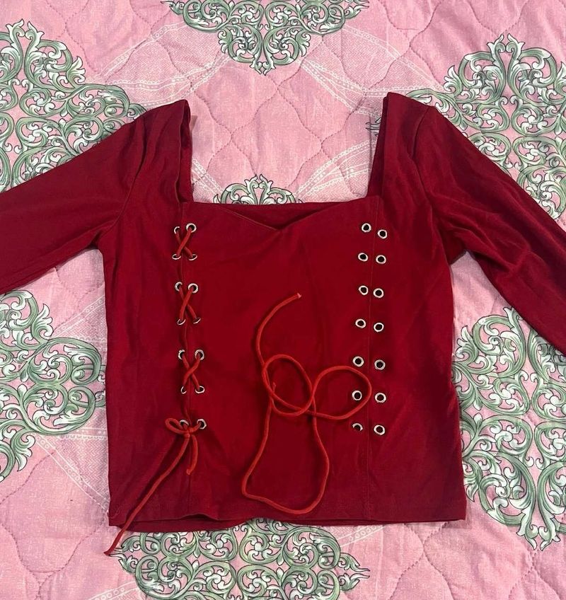 Red Lace-Up Long Sleeve Top