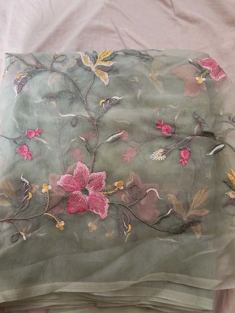Green Floral Organza Dress/Saree Material