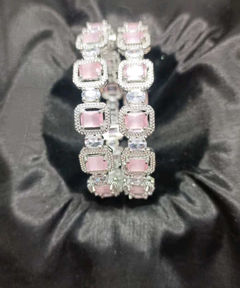 Pink Gemstone Silver Bangle Set