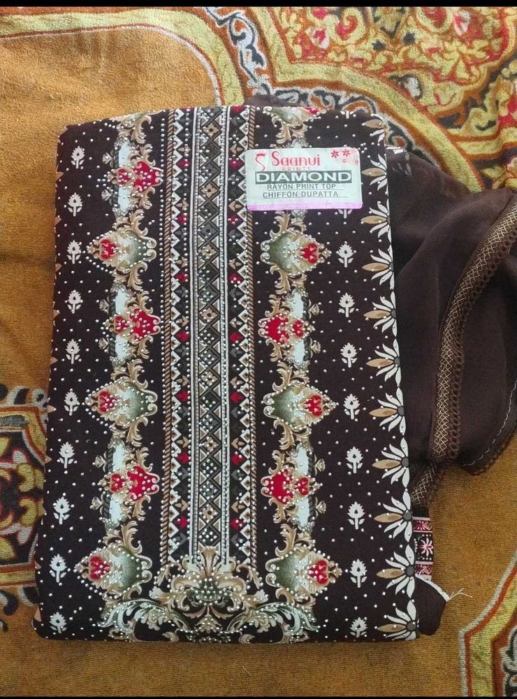 Brown Printed Dress Material