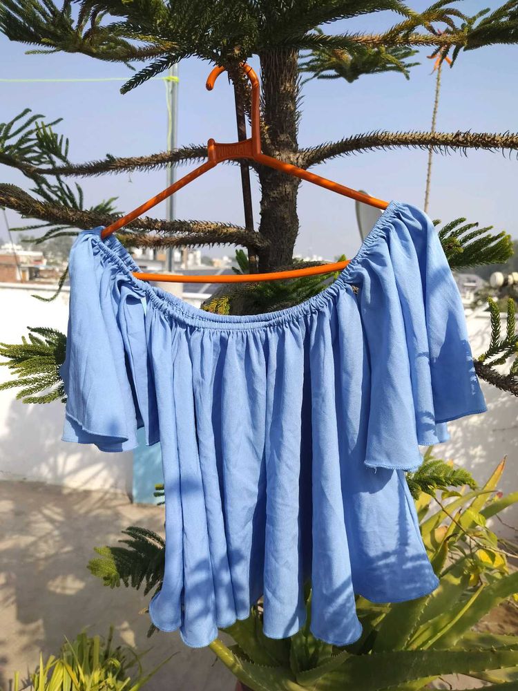 Blue Off-Shoulder Flared Sleeve Top